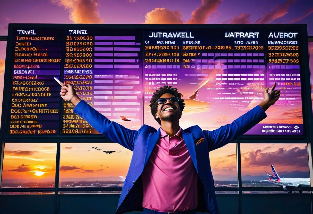 A jubilant traveler standing with suitcases in front of an airport departures board showing various budget airline prices. Airplanes flying above and a globe with dollar signs orbiting around it in the background. Sunset sky with warm colors and the traveler holding up a paper plane with excitement. super-realistic. vibrant colors.