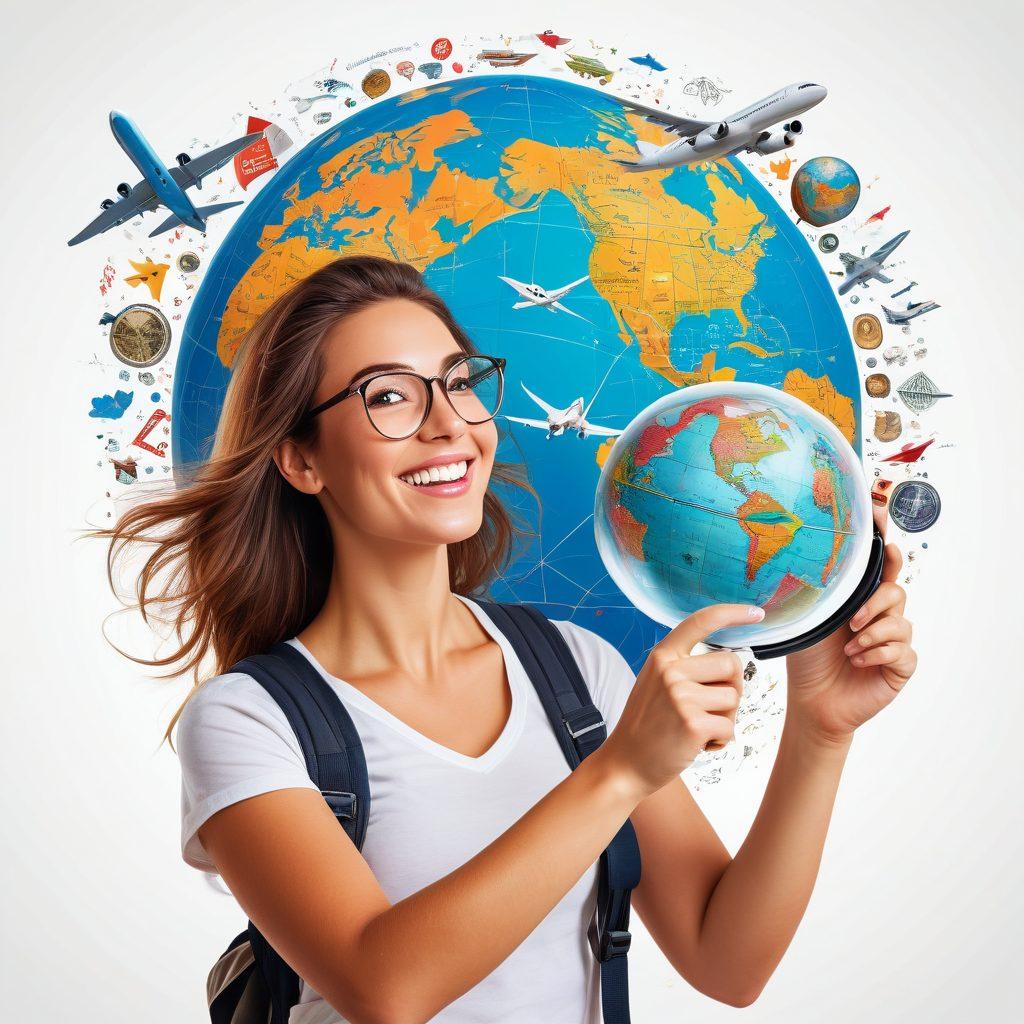A jubilant traveler holding a globe and a magnifying glass, surrounded by various airline logos and price tags with slashed prices, all set against a backdrop of colorful world map and airplane trails. The overall theme should evoke discovery, excitement, and the thrill of scoring deals. vector art. vibrant colors. white background.