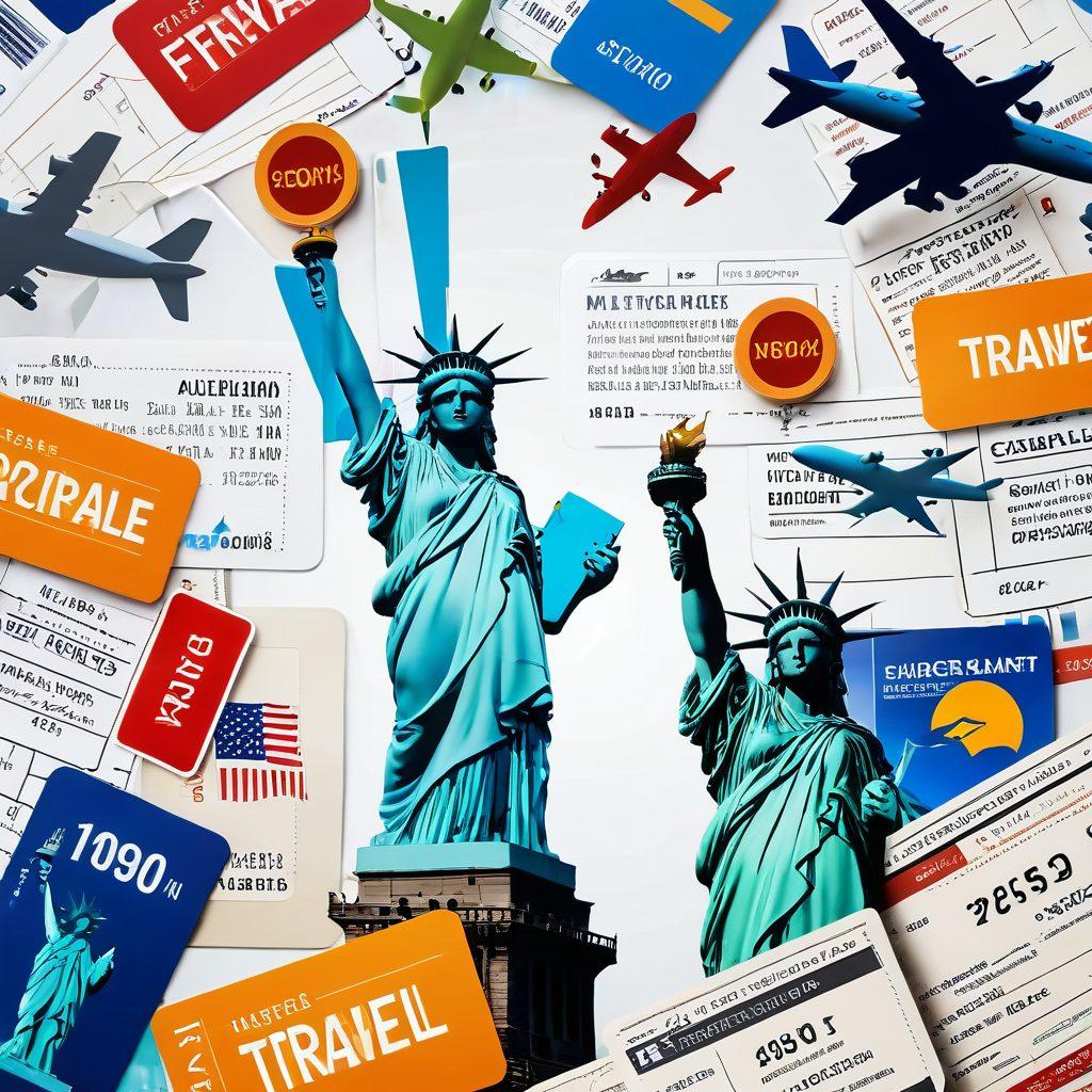 A vibrant travel scene with diverse people excitedly booking flights on their laptops and smartphones, amidst colorful icons of airplanes, discount tags, and world landmarks like the Eiffel Tower and Statue of Liberty. An enormous boarding pass featuring 'Affordable Travel' prominently displayed. super-realistic. vibrant colors. white background.